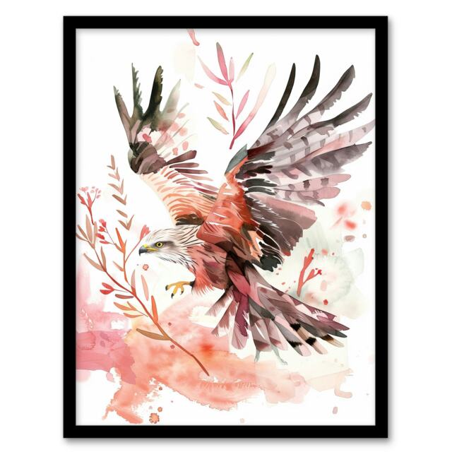Red Kite Flight Light Watercolour Living Room Black Framed Wall Art Print A4