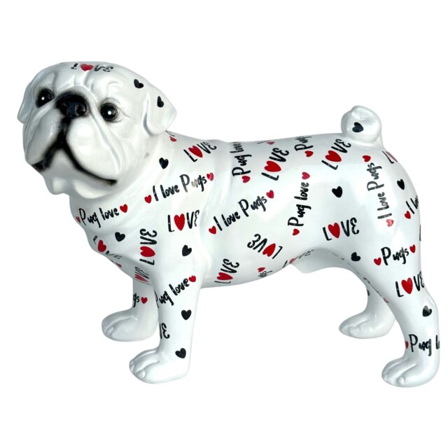 Love Dogs Pug Dog Figurine with Love Pugs Text And Hearts Design, 23cm