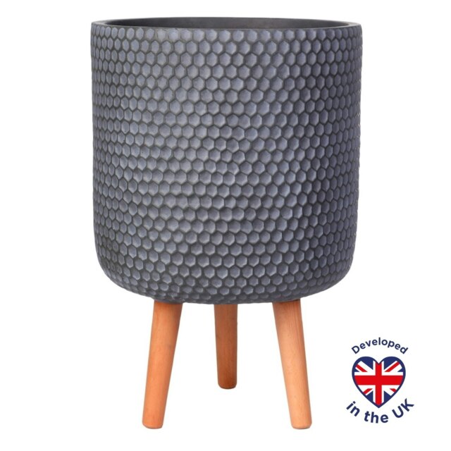 Honeycomb Style Grey Cylinder Planter on Legs, Round Pot Plant Stand Indoor D31 H47 cm, 19.8 ltrs Cap.