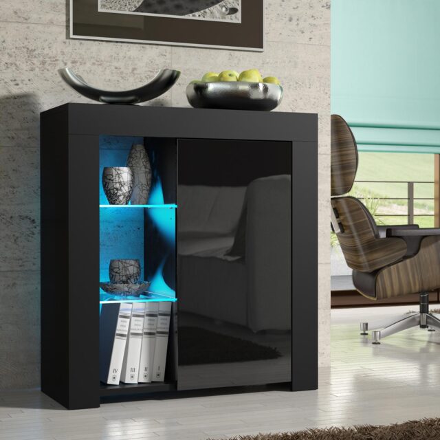 Sideboard Cabinet Storage Unit Cupboard Black High Gloss LED Furniture 75cm