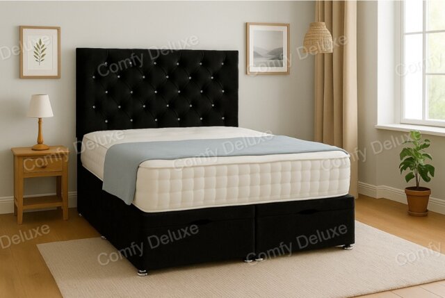 Ottoman Foot Lift Black Naples 3ft Single Divan Bed With Mattress & Headboard