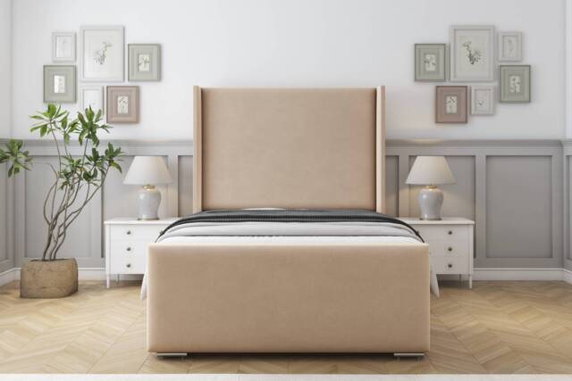 "Sloomy Devonshire Pebble Plush Bed Frame With Mattress With 50"" Upholstered Wingback Headboard 2'6 Small Single"