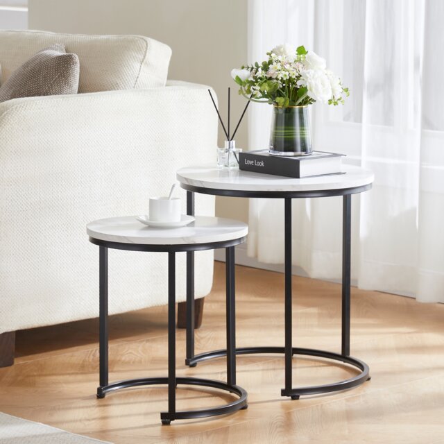 Vida Designs Brooklyn Round Nest of Tables 2 Piece Set Nesting Sofa Bedside Side Table, Marble