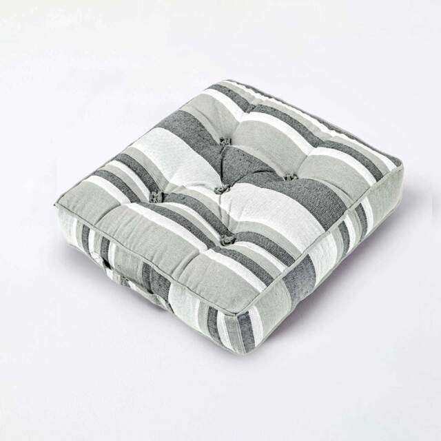 Homescapes Morocco Striped Cotton Floor Cushion Monochrome Grey Monochrome 40 x 40 cm