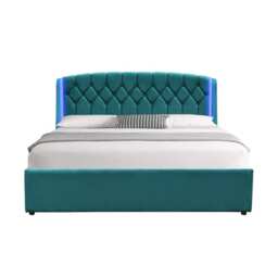 4ft6 Double Fabric Gas Lift Ottoman Bed Frame With LED On Headboard In Green