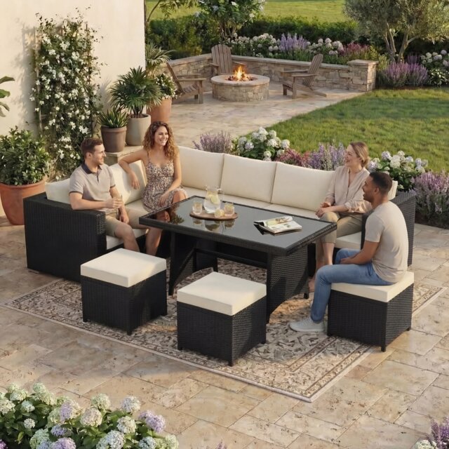Garden Vida Belgrave 9 Seater Rattan Set Sofa Stool Dining Outdoor Garden Furniture, Black