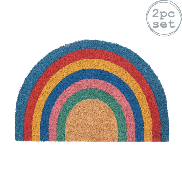 Nicola Spring 2x Half Moon Coir Door Mats - 60 x 40cm Rainbow Pastel Indoor Front Door Entry Dirt Trapper Non Slip Backing Doormat
