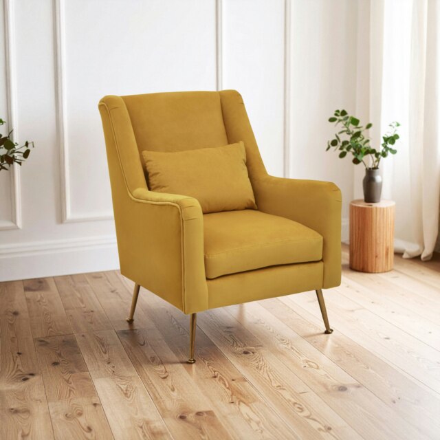 Orsina Yellow Velvet Armchair for Lounge, Angular Gold Leg Chair with Velvet Upholstery for Living Room, Home