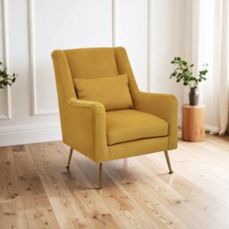 Orsina Yellow Velvet Armchair for Lounge, Angular Gold Leg Chair with Velvet Upholstery for Living Room, Home