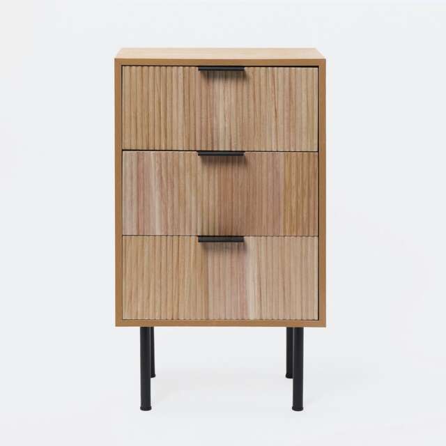OHS 3 Drawer Modern Ribbed Office Side Bedroom Nightstand Bedside Table Brown Natural Wood