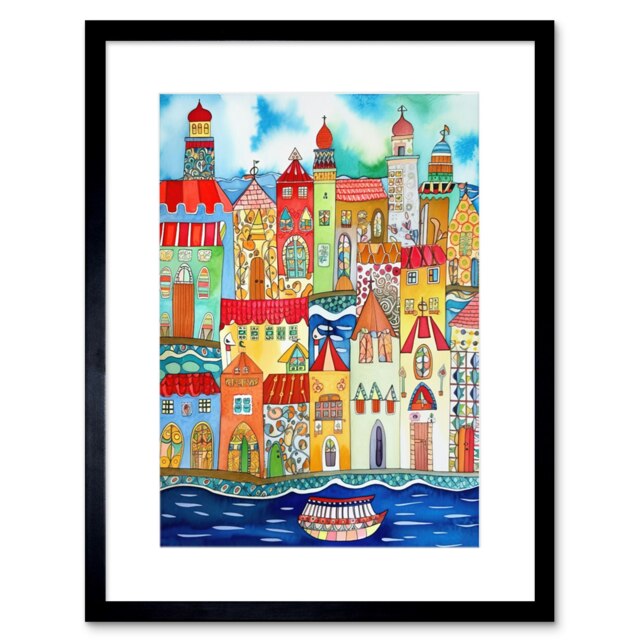 "Colourful Tangier City Cityscape Morocco Folk Art 9x7"" Black Framed Wall Art Print"