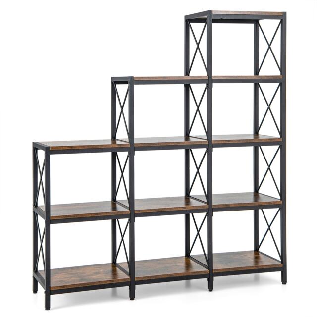 COSTWAY 5 Tier Bookshelf 9 Cubes Bookcase with Carbon Steel Frame Brown