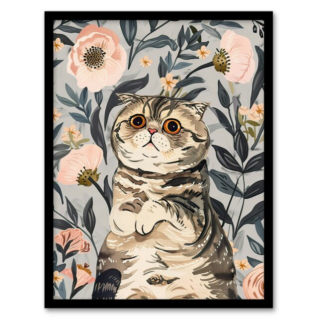 Cat Lover Scottish Fold with Pink Poppies Black Framed Wall Art Print A4