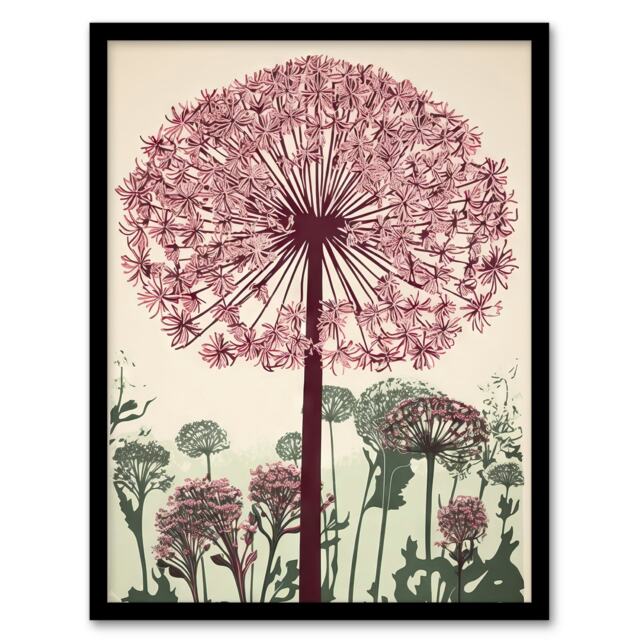 Allium Flower Blooms Linocut Pink Green Black Framed Wall Art Print A4