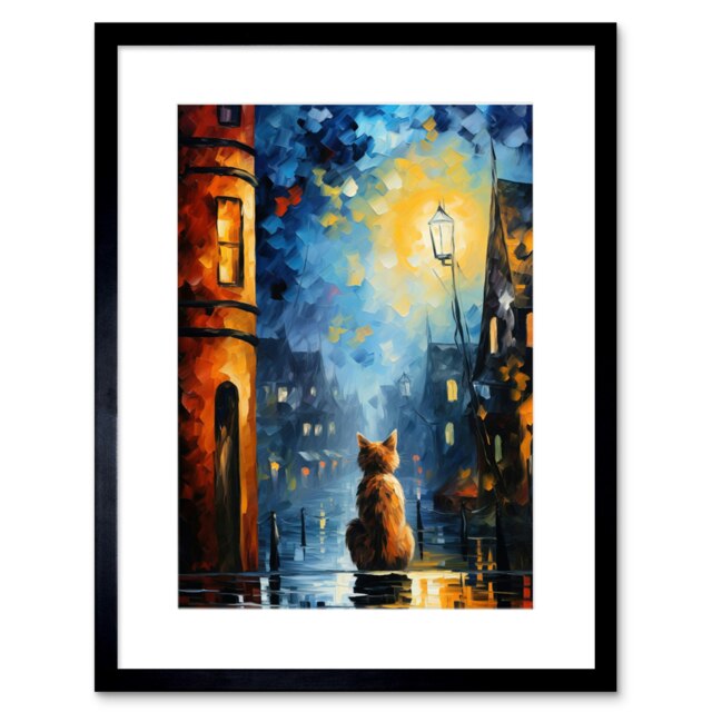 "Street Cat Named Desire Ginger Cat Village Night 9x7"" Black Framed Wall Art Print"