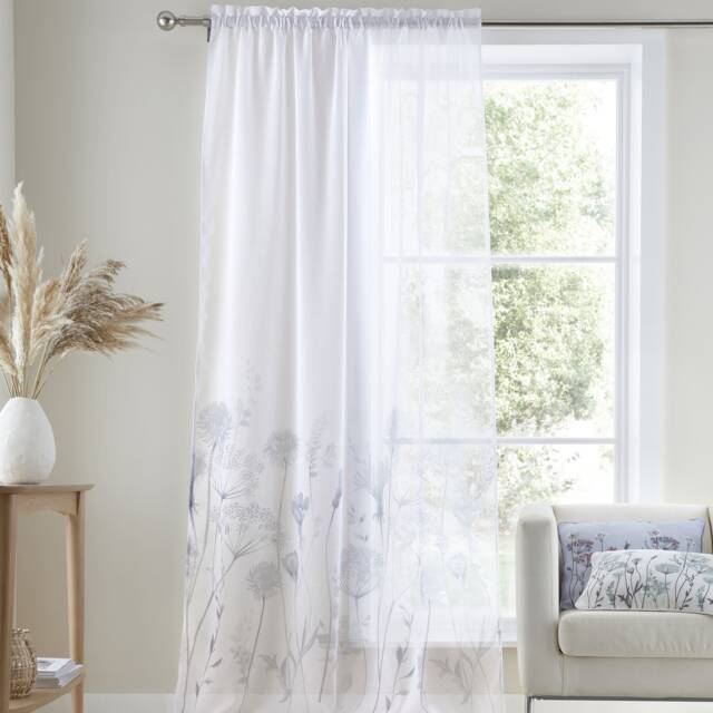Catherine Lansfield Meadowsweet Floral 55x48 Inch Tab Top Voile Curtain Panel White