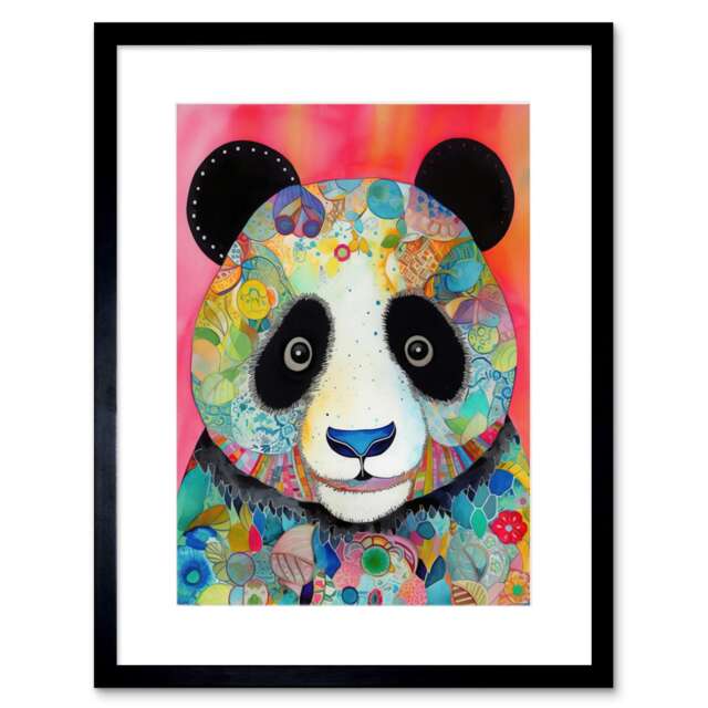 "Panda Spirit Animal Portrait Folk Art Watercolour Painting 9x7"" Black Framed Wall Art Print"