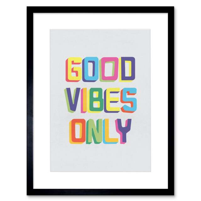"Quote Good Vibes Only Colourful Artwork 12x16"" Framed Wall Art Print"