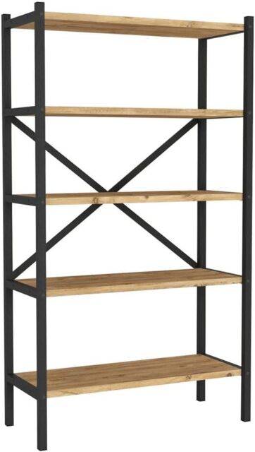 5-Shelf Wood Bookcase Unit With Metal Frame Home Decor Storage and Shelving Multi Pine 1
