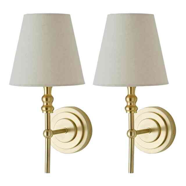 ValueLights Maggie Pair Linen Shade Gold Candlestick Wall Lights Gold