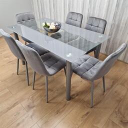 Grey Clear Glass Dining Table With 6 Grey Tufted Velvet Chairs Dining Set