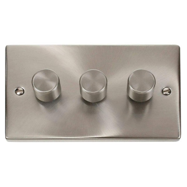 SE HOME Satin Brushed Chrome 3 Gang 2 Way LED 100W Trailing Edge Dimmer Light Switch Chrome Satin Chrome