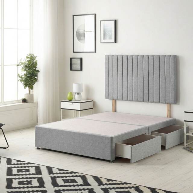 Texas Divan Bed Base with 2 Drawers & 30 Inch Headboard Linen Fabric Silver Silver