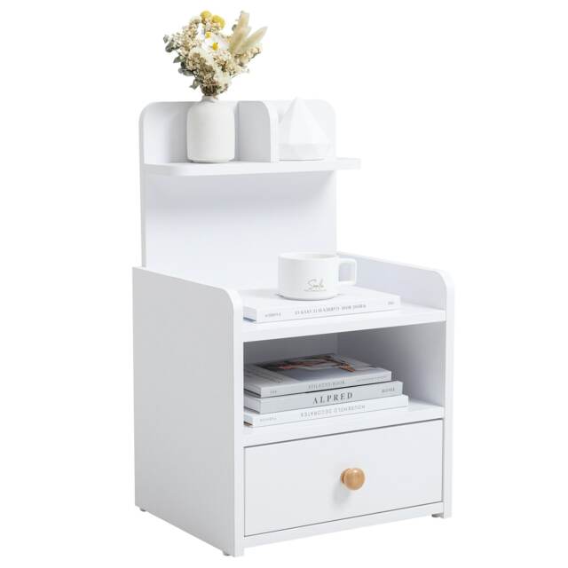 Living and Home Wooden 1-Drawer Bedside Table with a Shelf - White