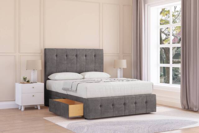 "Sloomy Cambridge Slate Naples Divan Bed With Mattress 2 Drawers Left Side With 54"" Floor Standing Headboard & 12"" Matching Footboard 4'6 Double Grey Slate Double 1"