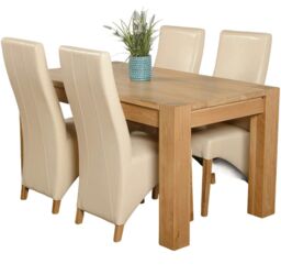 Kuba 150 x 85 cm Chunky Medium Oak Dining Table and 4 Lola Leather Chairs Cream Cream