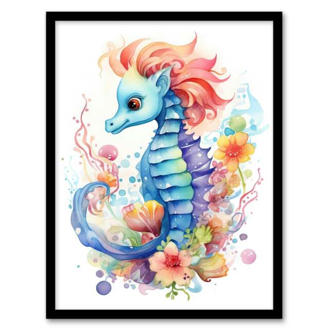 Watercolour Seahorse Kids Bedroom Nursery Black Framed Wall Art Print A4