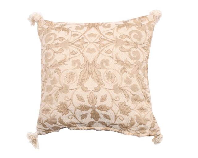 Superior Jacquard Floral Tassle Corner Cushion - 43cm x 43cm White Cream