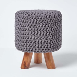 Homescapes Sea Grey Tall Cotton Knitted Footstool on Legs Grey 32 x 32 x 42 cm