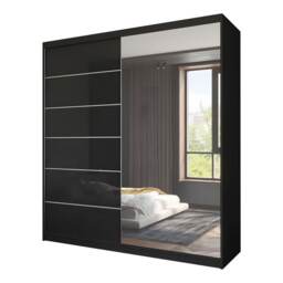High Gloss Full Mirror Sliding Door Wardrobe for Modern Bedroom - Black 200cm