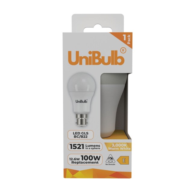 UniBulb LED GLS B22 Bayonet Cap (BC) 1521lm 12.6W (Replaces 100W) 2700K (Warm White) Light Bulb - Pack of 1 White Warm White 1