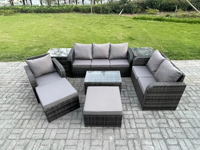 Fimous Outdoor Garden Furniture Sets 8 Pieces Wicker Rattan Furniture Sofa Sets with Rectangular Coffee Table Loveseat Sofa 2 Big Footstool 2 Side Tables