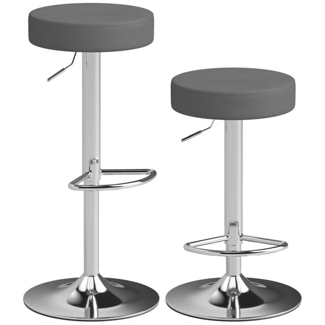 HOMCOM Bar Stools Set of 2, Height Adjustable Breakfast Bar Chairs Grey Grey 38.5 x 38.5 x 62-84 cm