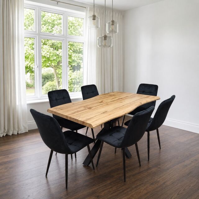 Wooden Dining Table with 6 Black Velvet Chairs, Stylish Dining Room Furniture