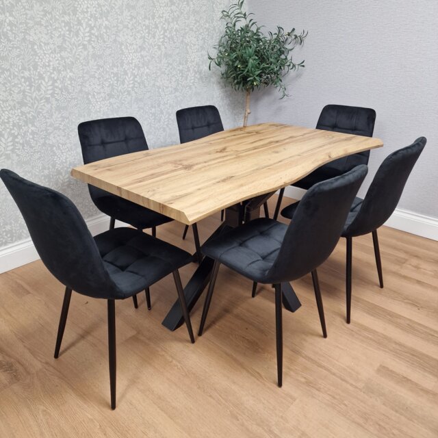Wooden Dining Table with 6 Black Velvet Chairs, Stylish Dining Room Furniture