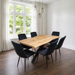 Wooden Dining Table with 6 Black Velvet Chairs, Stylish Dining Room Furniture