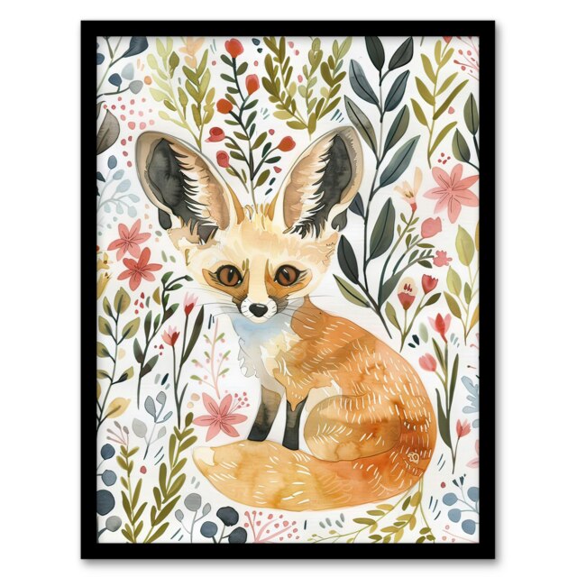 Fennec Fox Boho Floral Watercolour Portrait Black Framed Wall Art Print A4