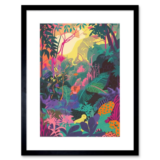 "Vibrant Tropical Rainforest Jungle Sunrise 9x7"" Black Framed Wall Art Print"