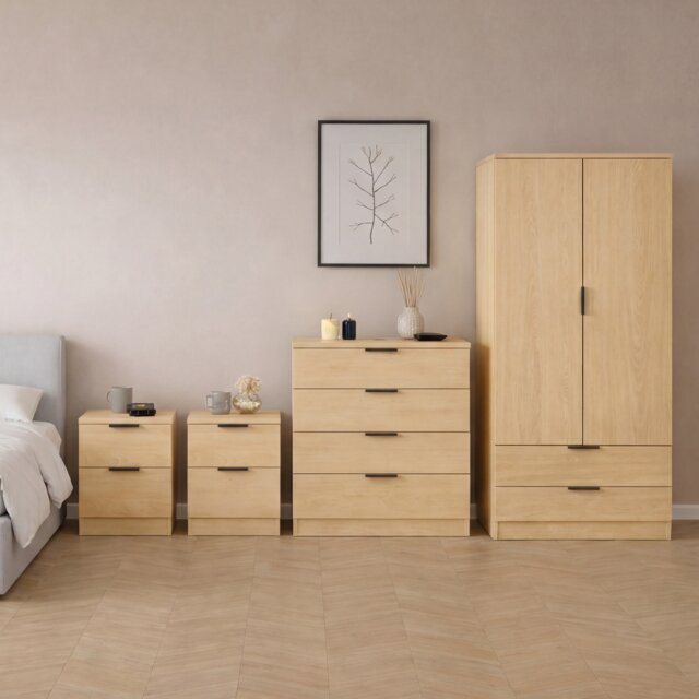 Vida Designs Trega 4 Piece Bedroom Set (2 Drawer Bedside Chest x2, 4 Drawer Chest, 2 Door 2 Drawer Wardrobe) Pine