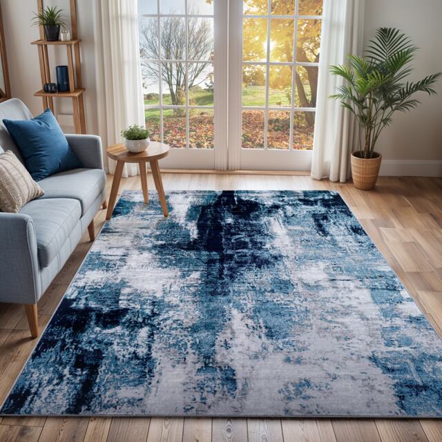 LIVABLISS Wanderlust-Abstract Modern Marble Rug 120 x 170 cm Blue Grey Cream