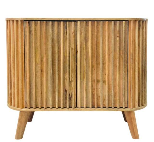 Slated 2 Door Small Sideboard - Mango Wood - L40 x W95 x H77 cm - Mango Light Finish - Assembly Required Brown
