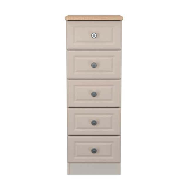 Surrey 5 Drawer Tall Bedside Cabinet in Kashmir Ash & Bardolino Oak (Ready Assembled) Cream Kashmir Ash & Bardolino Oak