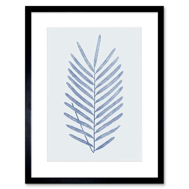 "Botanical Cobalt Blue Fern Leaf Plant Lover 9x7"" Black Framed Wall Art Print"
