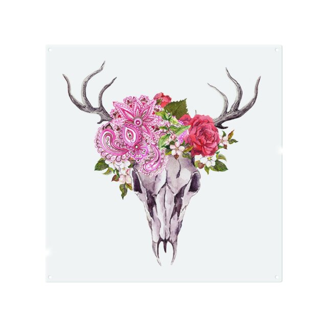 Deer Animal Skull With Flowers And Feathers Splash Back White