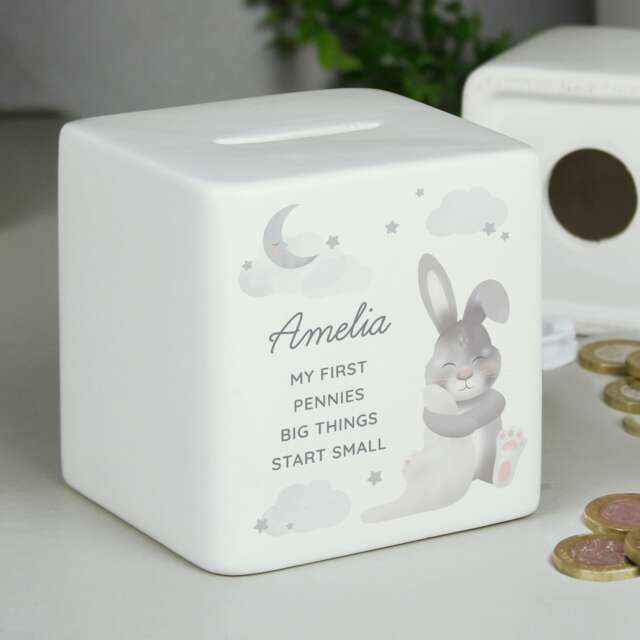 Personalised Baby Bunny Ceramic Square Money Box
