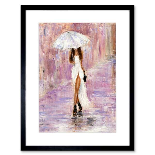 "Rainy Gala Night White Dress Lady With Umbrella Painting 9x7"" Black Framed Wall Art Print"